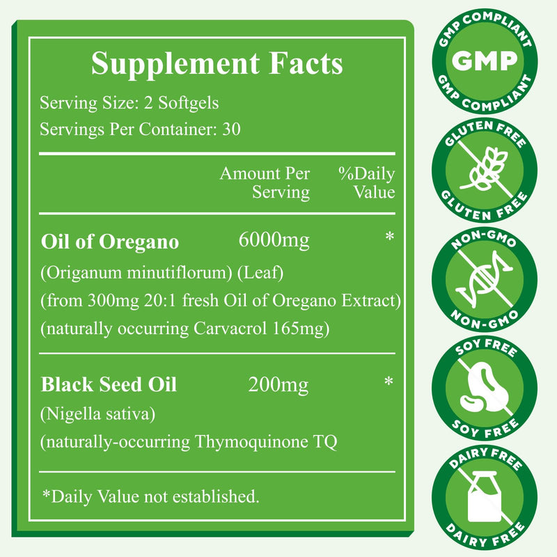 [Australia] - Oil of Oregano with Black Seed Oil, 6000mg Oregano Oil Capsules Organic with Carvacrol & Thymoquinone, 2 in 1 Supplement for Immune Health, Non-GMO, Easy to Swallow, 2 Bottle, Total 120 Softgels 