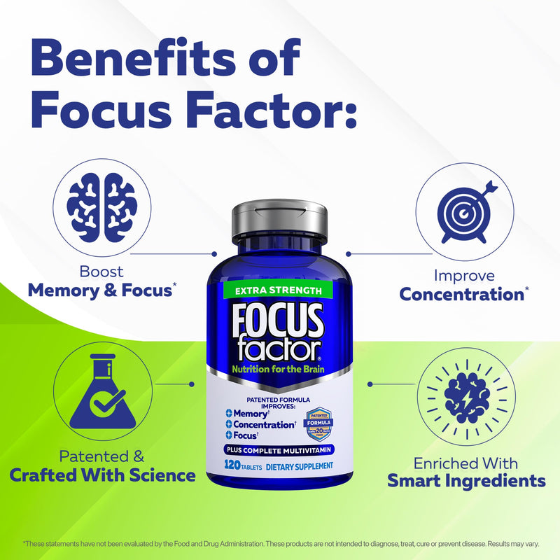 Focus Factor Adults Extra Strength, 120 Count - Brain Supplement for Memory, Concentration and Focus - Complete Multivitamin with DMAE, Vitamin D, DHA - Trusted Health Vitamins 120 Count (Pack of 1)