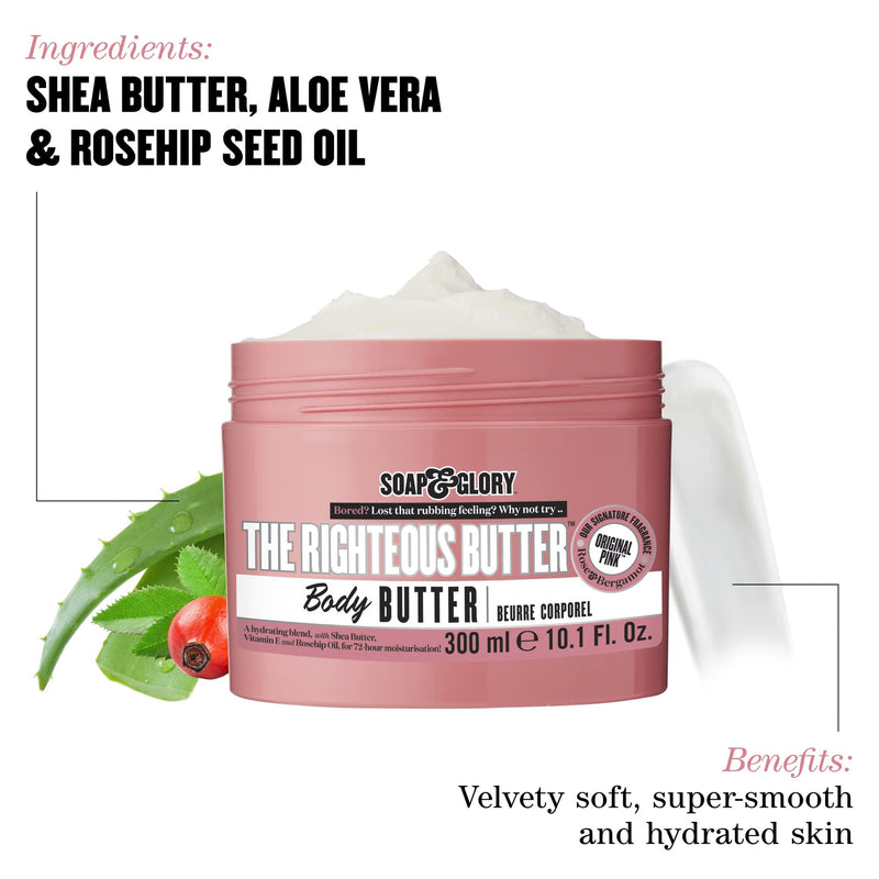 Soap & Glory The Righteous Body Butter & Dry Skin Moisturizer, 10.1 oz | Rich Hydrating Lotion, Deep Moisture for Barrier Support with Shea Butter, Vitamin E & Aloe Vera, Fresh Fruity-Floral Scent 10.1 Ounce (Pack of 1)