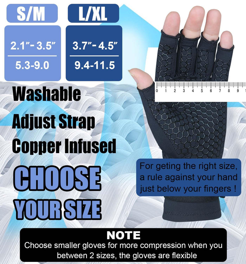 [Australia] - 2 Pairs Copper Arthritis Gloves for Women Men, Compression Gloves with Adjust Strap for Arthritis, Wrist Support, Hand Pain, Fingerless Computer Typing Gloves for Carpal Tunnel, RSI (Large/X-Large) Large / x-Large Black 