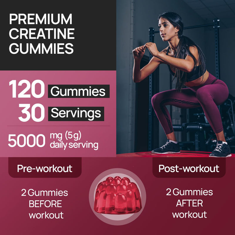Creatine Monohydrate Gummies 5000mg - Sugar Free Vegan Pre Workout Chews - BCAAs 500mg, L-Carnitine 500mg - Gym Supplement for Men and Women, Strawberry, 120 Count 120 count (Pack of 1)