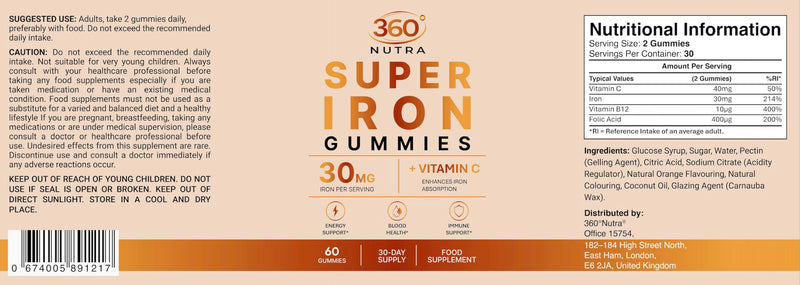 High Strength Iron Gummies 30mg with Vitamin C, Vitamin B12 & Folic Acid | Vegan Iron Supplement | Energy Support | 60 Gummies | 30 Day Supply