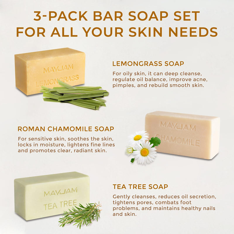 MAYJAM Botanical Bar Soap with Essential Oil, Vitamin E for Body Skin Face | Cold Processed, Handmade, with Lemongrass, Tea Tree, Chamomile Oil for All Skin Type, Men and Women Lemongrass, Tea Tree, Roman Chamomile