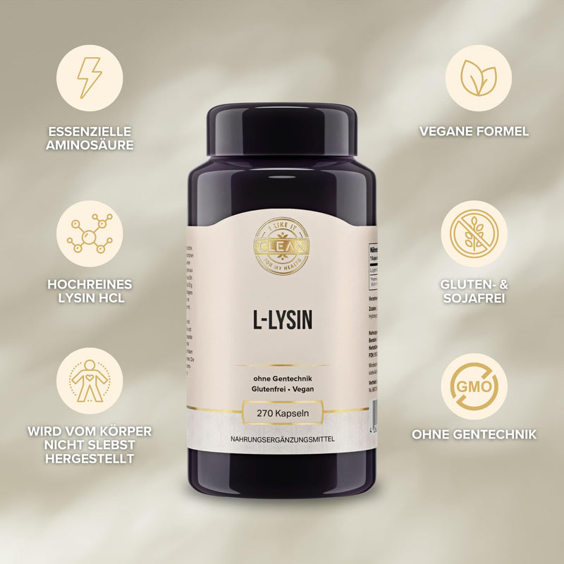 [Australia] - I-like-it-Clean® - L-Lysine - 500 mg L-Lysine HCl per capsule - 270 capsules - from plant fermentation - vegan, laboratory tested, without genetic engineering, without additives - produced in Germany 