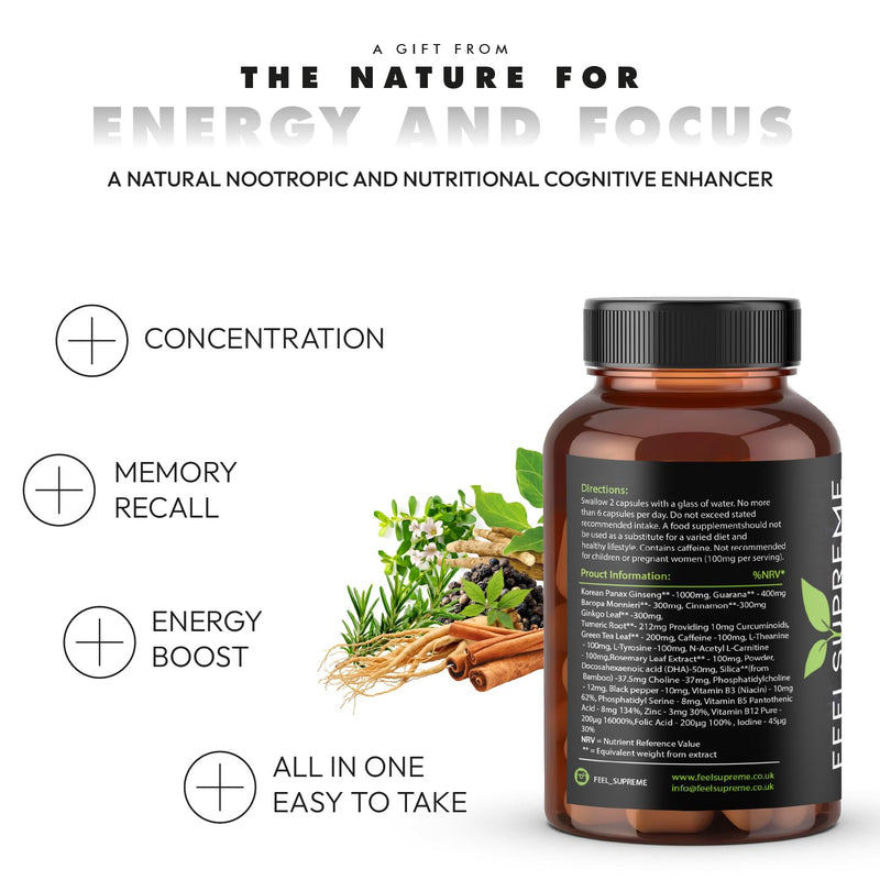 Neuro Supreme Nootropics Brain Supplement - Ashwagandha, Vitamin B12, B5 & Folic Acid - Focus, Memory & Energy Support - Cognitive Function & Stress Support, 60 Vegan Capsules