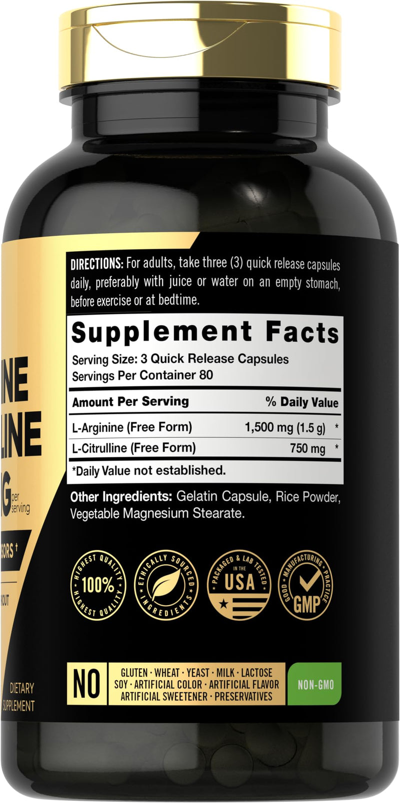 Carlyle L-Arginine L-Citrulline Complex | 2250mg | 240 Capsules | Nitric Oxide Precursors | Free Form | Non-GMO & Gluten Free