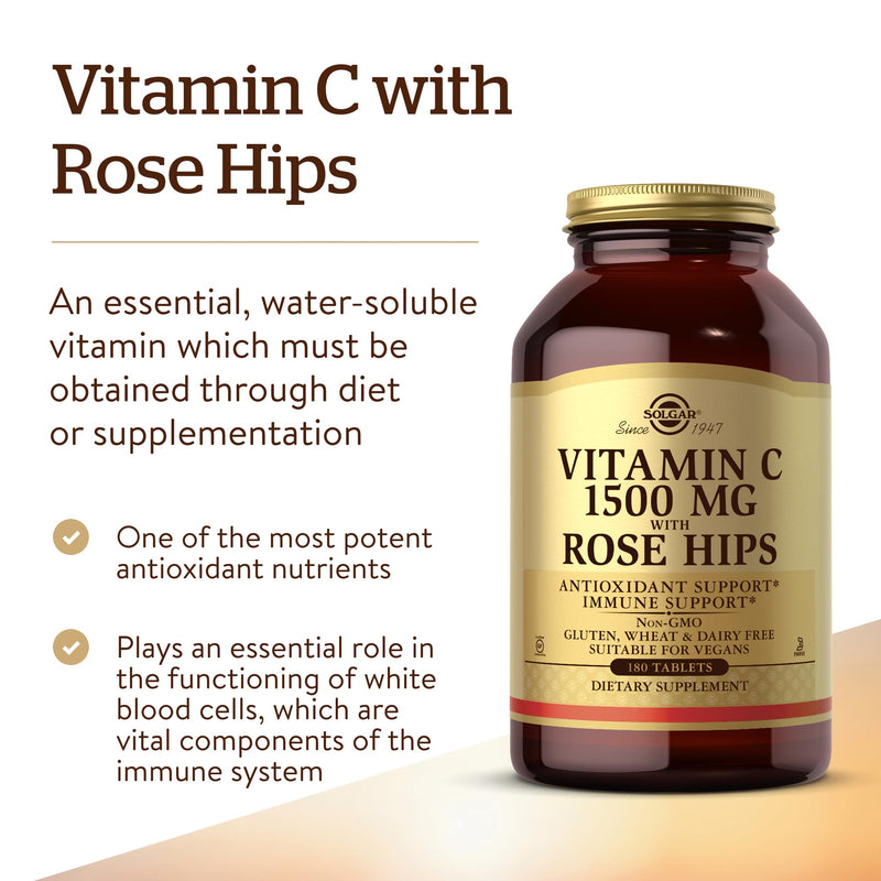 Solgar Vitamin C 1500mg with Rose Hips - Healthy Immune System - Antioxidant - Vegan - 180 Tablets
