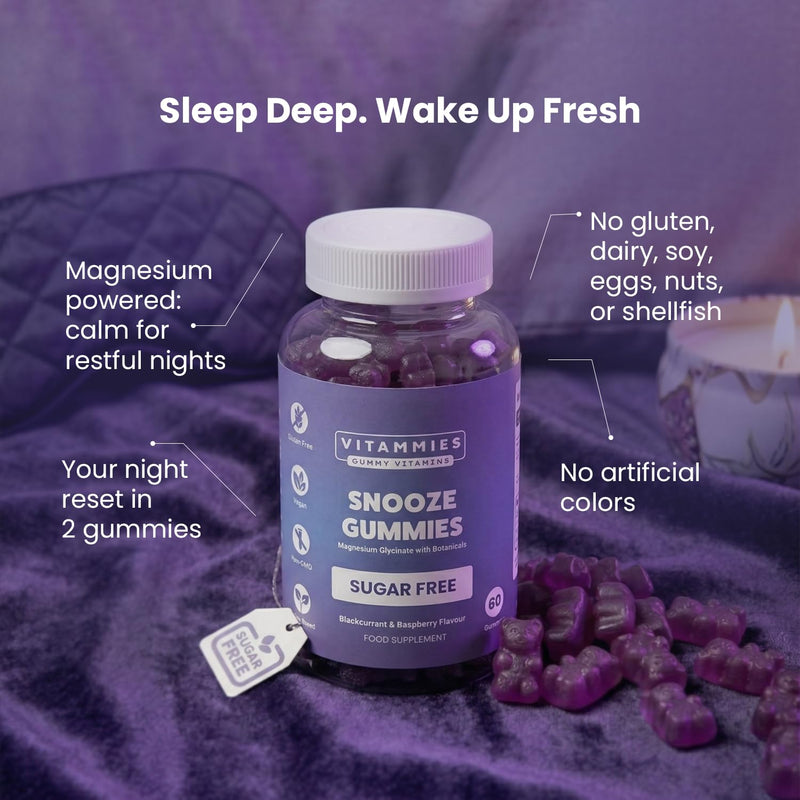 Vitammies Magnesium Glycinate Snooze Gummies - Magnesium Vegan Sleep Gummies with Lemon Balm & Chamomile - Magnesium Supplements Sugar Free Chewables - Blackcurrant Raspberry - 60 Count