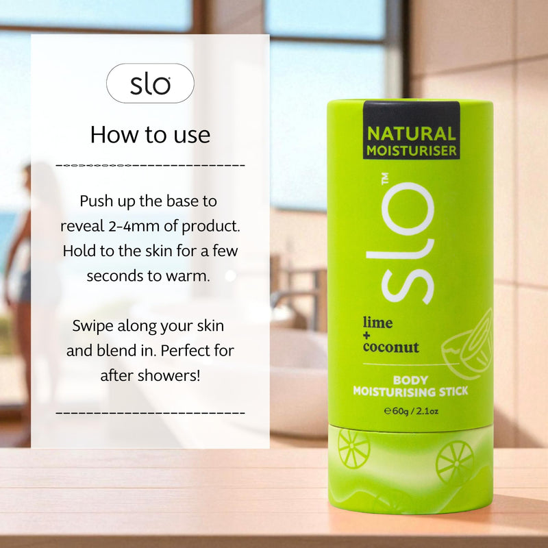 Slo Moisturizing Stick - Solid Body Balm with Organic Ingredients - Hydrates & Nourishes - Cocoa Butter, Coconut Oil and Vitamin E - Travel-Friendly Lotion Stick - Lime + Coconut Scent, (2.11 oz/60g) 2.11 Ounce (Pack of 1)