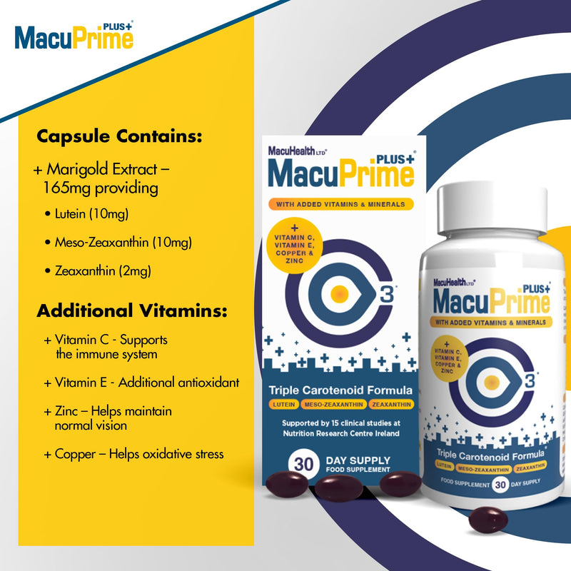 MacuPrime Plus+ Eye Health Supplements – Food Supplement Helps Maintain Normal Vision – Lutein, Meso-Zeaxanthin & Zeaxanthin, 120 Capsules – 1 Month Supply 30 count (Pack of 1)
