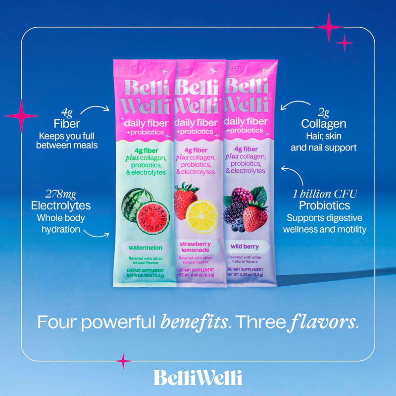 [Australia] - Daily Fiber Supplement Packets with Collagen, Probiotics & Electrolytes | Single Serve Packets for Gut Health, Digestion & Debloating | Variety | 10 Count 