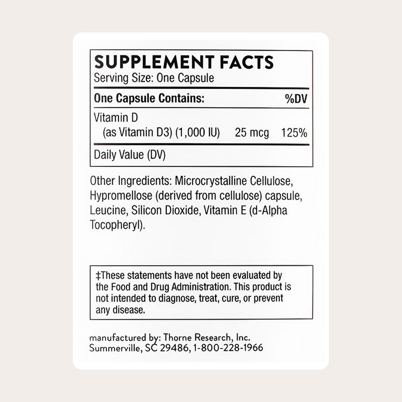 THORNE Vitamin D-1,000, Vitamin D3 Supplement, 1,000 IU, 180 Capsules 180 Count (Pack of 1)
