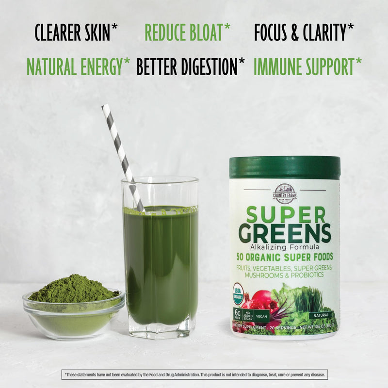 Orgain Hydrolyzed Collagen Peptides Powder, Country Farms Super Greens Powder, 50 Organic Superfoods