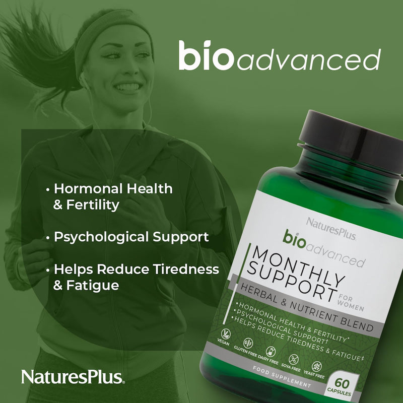 NaturesPlus Bio Advanced Monthly Support - Hormonal Balance Supplement for Women - Milk Thistle, Lemon Balm, Broccoli Sprouts, Chromium - Gluten Free, Vegan - 60 Capsules