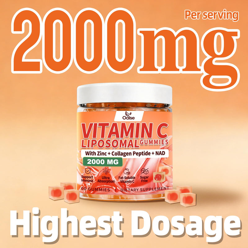 2000mg Liposomal Vitamin C Gummies for Adults, Sugar Free Vitamin C Gummy | Vit C Gummies with Elderberry, Zinc, NAD, for Immune Support Supplement, 60 Counts, Orange Flavor 60 Count (Pack of 1)