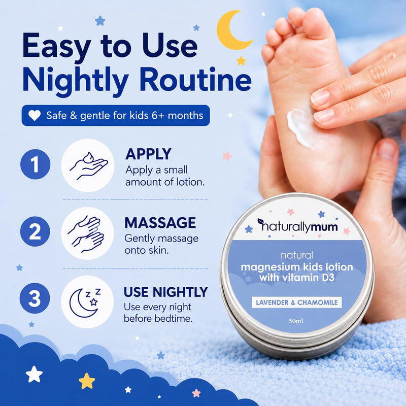 NaturallyMum Kids Magnesium Lotion with Vitamin D3 50ml | Lavender & Chamomile Magnesium Cream for 6+ Months | Travel Size Lotion with Shea Butter & Coconut Oil | Non-Greasy Formula