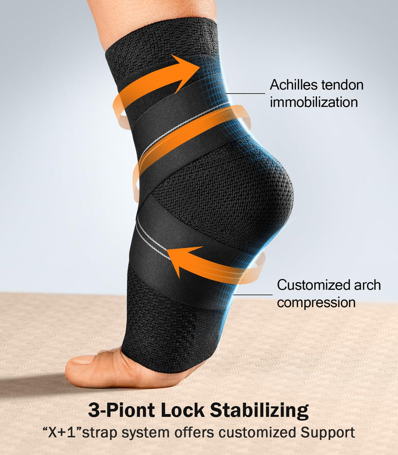 Flat Knitting Ankle Brace For Women&Men, 7-Zone Dynamic Compression Sleeve w/Flex Strap,Foot Support For Sports, Sprained Ankle, Achilles Tendonitis, Plantar Fasciitis Relief(Pack of1)M, Black