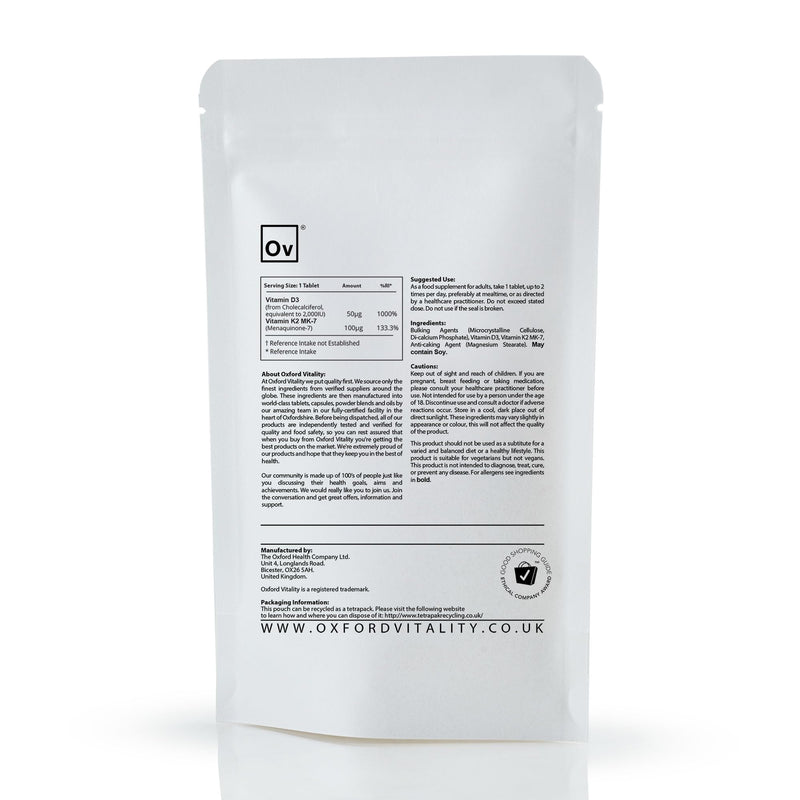 Vitamin D3 2,000iu Vitamin K2-MK7 | 100mcg | 500 Tablets | Bone & Blood | Oxford Vitality | UK Made 500 count (Pack of 1)