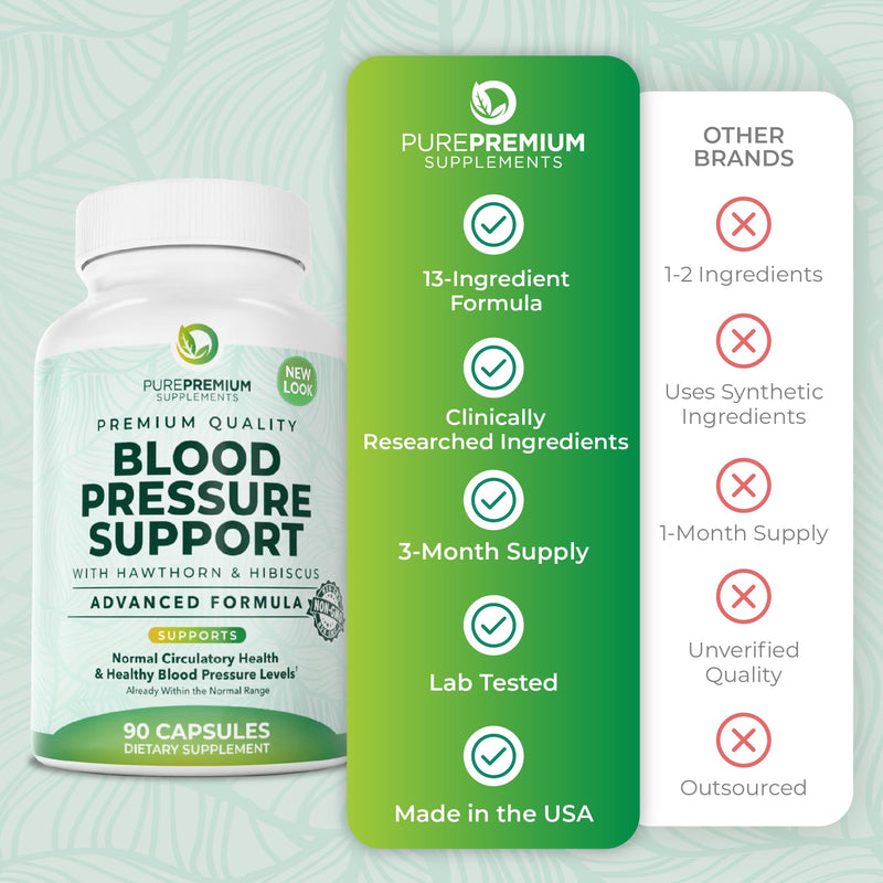 PurePremium Blood Pressure Supplements with Hawthorn Berry, Hibiscus - 90ct | Garlic & Vitamin B12 - Nitric Oxide Supplement for Normal Heart Health, Circulation Health & Blood Pressure Support, USA Made 90 Count (Pack of 1)
