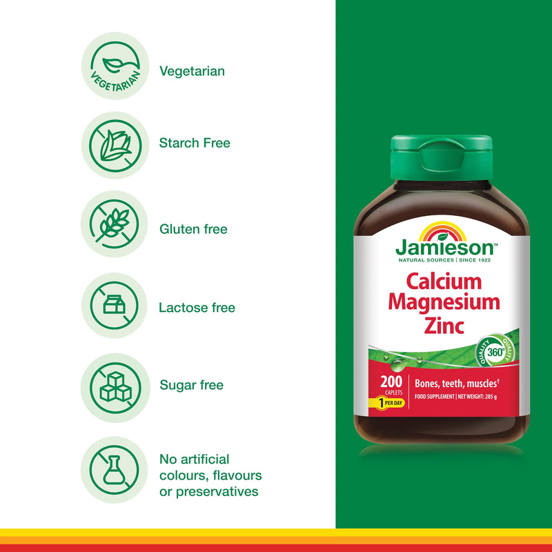 Jamieson Calcium Magnesium + Zinc, for Healthy Bones, Healthy Teeth, Muscle Function, Immune Function, Vegetarian, Gluten Free, Lactose Free, Bonus Size, 200 Caplets, 1 a Day Formula