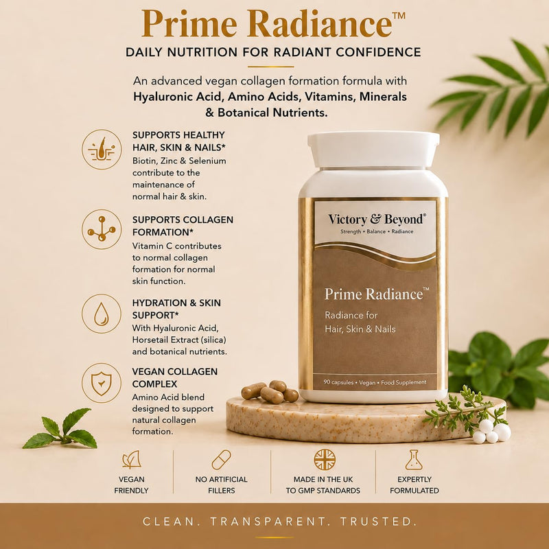 Victory & Beyond Prime Radiance – Hair Skin & Nails Supplement for Women – Vegan Collagen Formation Complex with Biotin, Hyaluronic Acid, Zinc & Vitamin C – 90 Capsules Made in the UK