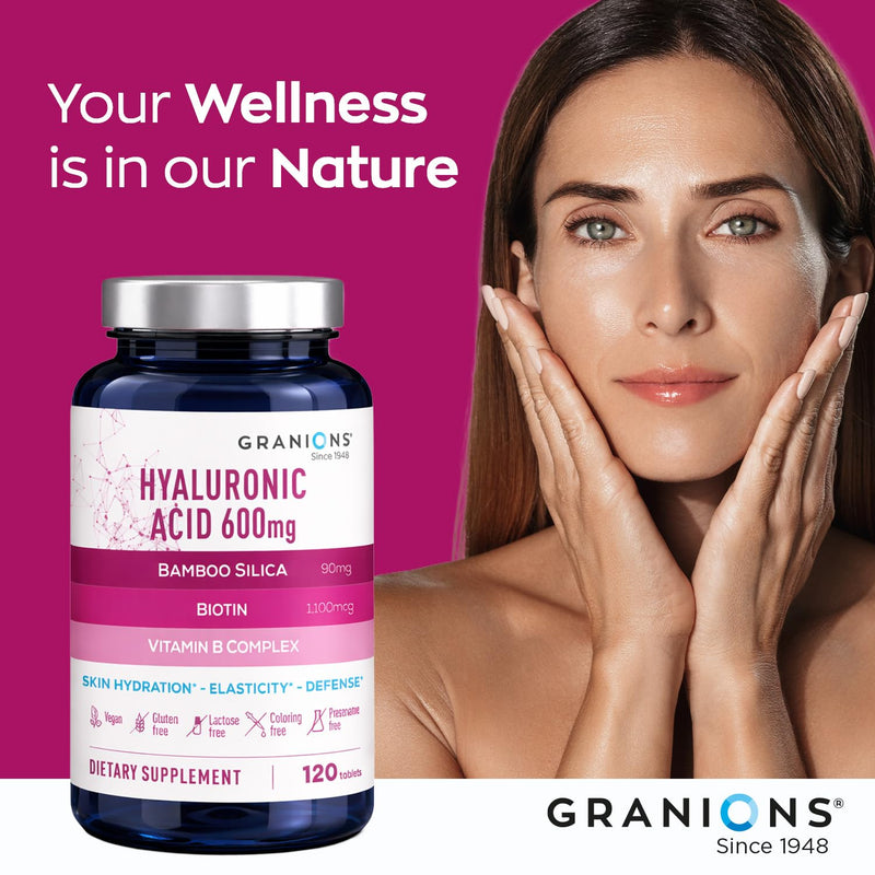 Granions Ultra Dosed Hyaluronic Acid Supplement 600mg - Intense Skin Hydration, Stimulates Collagen Production - Niacin, Biotin, Vitamin B Complex, Oral Hyaluronic Acid Supplements - 120 Vegan Tablets Hyaluronic Acid 600