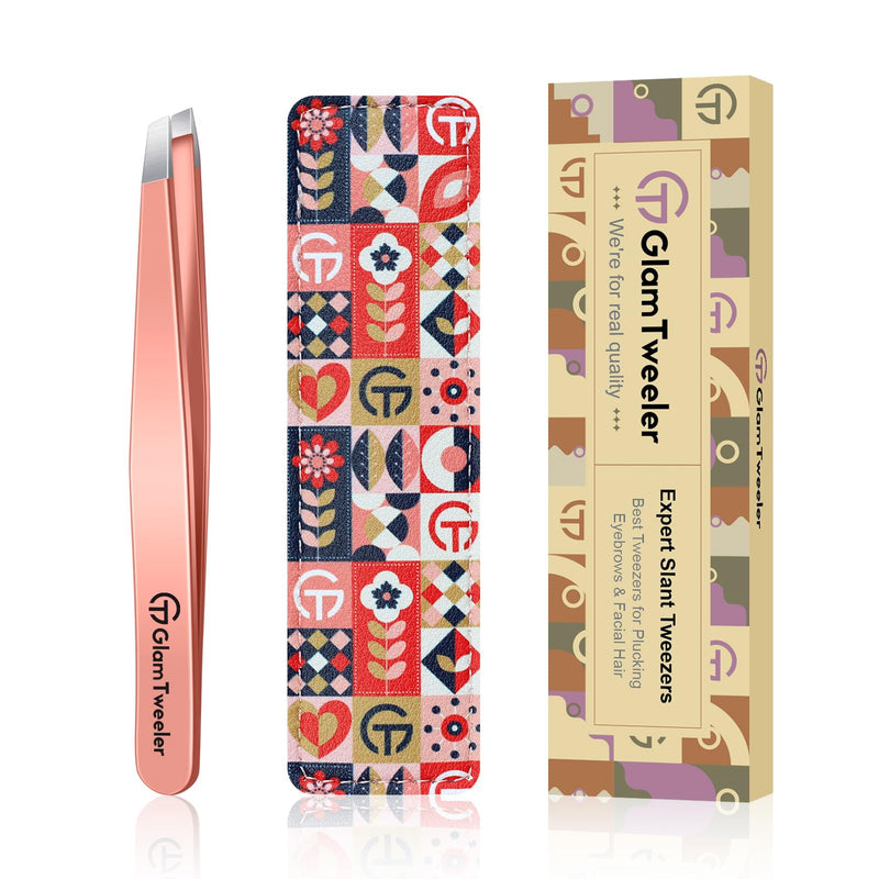 Expert Slant Tip Tweezers with Leather Case, GlamTweeler Sharp & Precision Stainless Steel Tweezer for Eyebrows, Facial Hair and Fine Hairs Removal (Rose Gold) Rose Gold