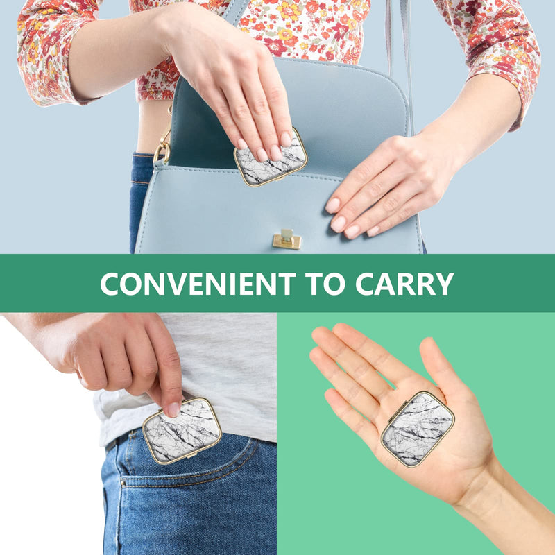 Pill Case Pill Box with Mirror Retro 2 Compartment Small Pill Case for Purse or Pocket Bronze Rectangular Pill Box or Vitamins, Fish Oil, Supplements, Pill Containe Travel Gifts（White Marble） 1 piece F-22-white Marble