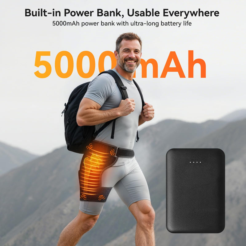 Cordless Heated Massage for Hip/Sciatica Pain Relief with 5000mAh Power Bank Hip Heating Pad Support Brace with Hot Physical Therapy Lower Back/Thigh/Buttock, Best Gift for Family Hip Heating Pad-Black