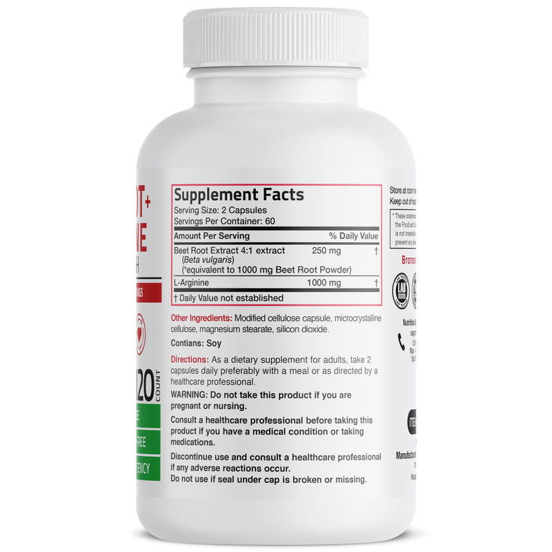 [Australia] - Bronson Beet Root + L-Arginine 2000 MG Nitric Oxide Production- Non-GMO, 120 Vegetarian Capsules 120 Count (Pack of 1) 