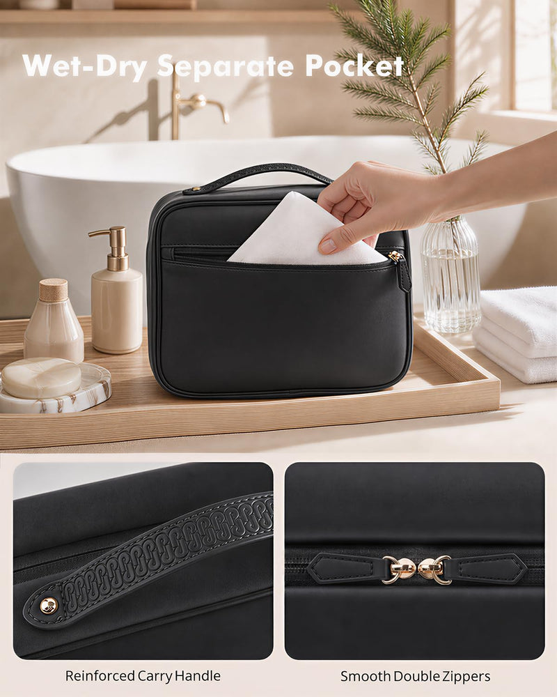 Prite Hanging Toiletry Bag for Women Waterproof Travel Makeup Bag | Jewelry Organizer, Detachable Clear Pouch, Vegan Leather, Dual-Zipper, Durable Hook and Zipper, Multi-pocket, Easy Clean Black Large