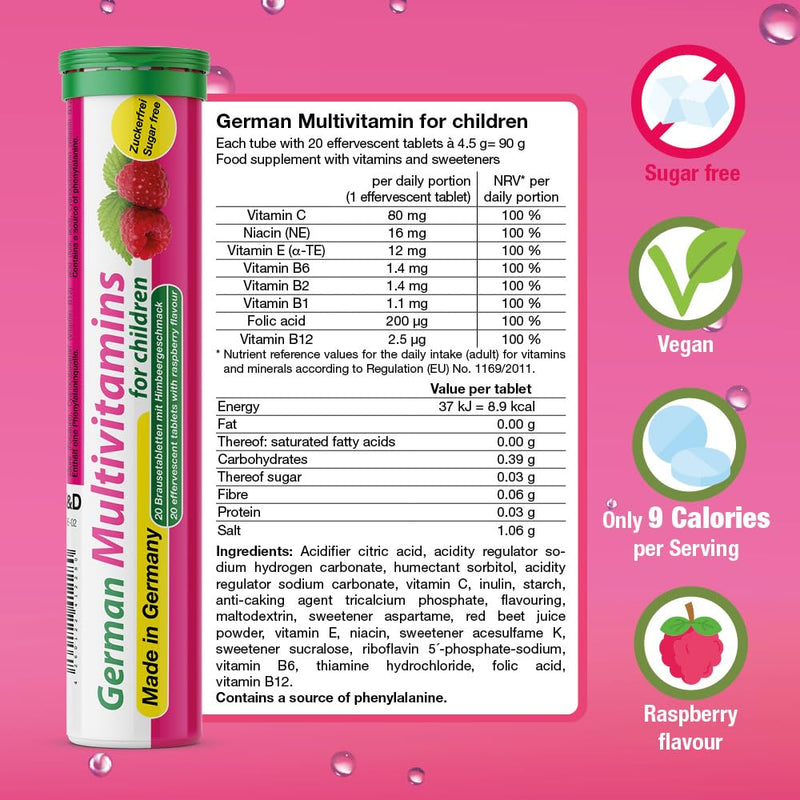 Multivitamin for Children - 2 x 20 effervescent Tablets - Raspberry Flavor - T&D Pharma German Multivitamin for Children - Made in Germany