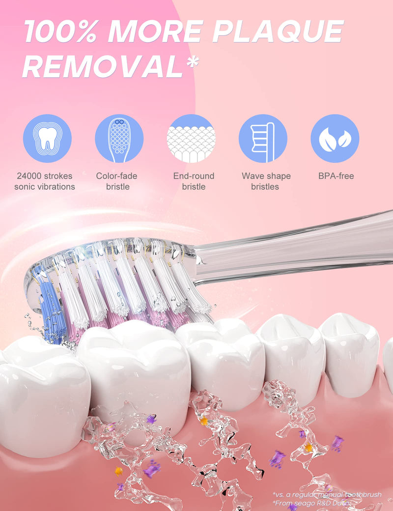 [Australia] - SEAGO Kids Electric Toothbrush with 2 Mins Brushing Timer and 4 Replacement Bursh Heads,Rainbow LED Light make Brushing Fun, Pink Color Girls Battery Powerd Toothbrush for 4-12 Years Old 