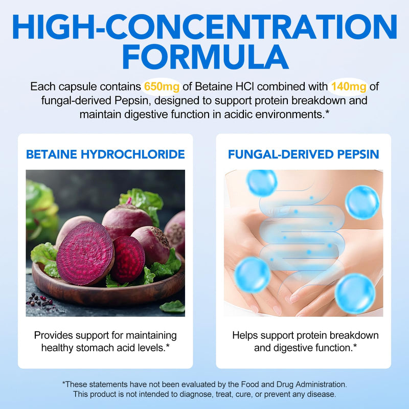 Betaine Hydrochloride (HCl) with Pepsin, 120 Capsules Betaine HCl Capsules Supports Healthy Digestion, Helps Maintain Acid Levels - Gluten Free