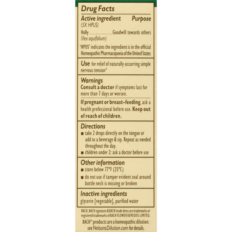 [Australia] - Bach Original Flower Remedies, Holly for Goodwill Towards Others (Non-Alcohol Formula), Natural Homeopathic Flower Essence, Holistic Wellness and Stress Relief, Vegan, 10mL Dropper 