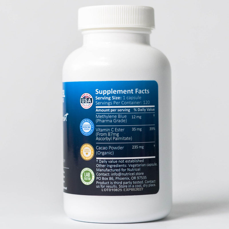 Nutricel Supplements Methylene Blue Capsules - Pharmaceutical Grade Supplement - Trusted Made in America - 12mg (USP Reference Compliant) with Vitamin C Ester - Third Party Tested (120 Capsules) 120 Count (Pack of 1)