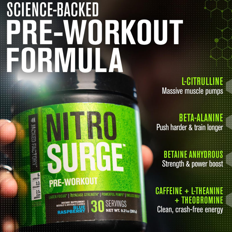 Nitrosurge Pre Workout Powder - 6g L-Citrulline, 3.2g Beta Alanine, 2.5g Betaine Anhydrous, 360mg Caffeine Anhydrous - 30 Servings, Blue Raspberry 261 Grams (Pack of 1)