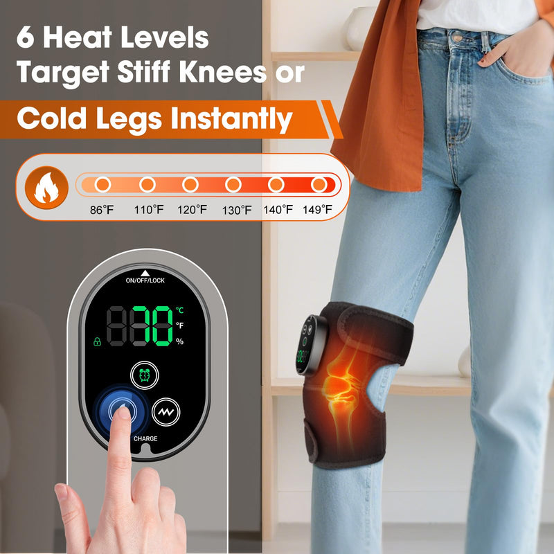 Heated Knee Massager, Cordless Knee Heating Pad with Massage, Knee Massager for Pain Relief, Adjustable Wrap for Knee, Shoulder, Elbow, 6 Heating Levels & 3 Massage Modes, Black 1pc Black