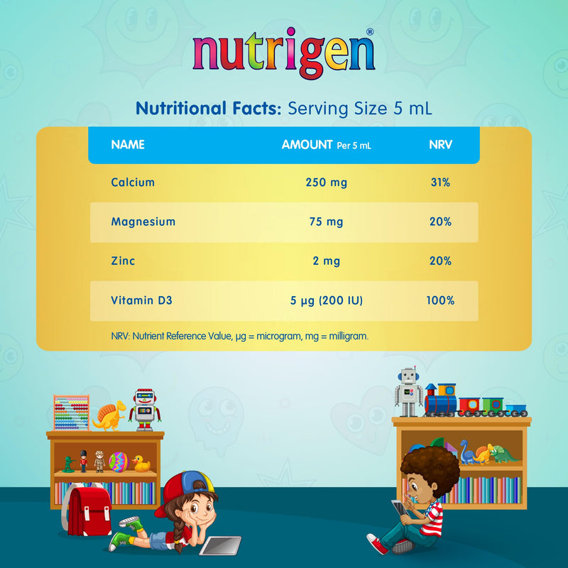 Nutrigen Calcibone Liquid for Children – Healthier and Stronger Bones – Contains Calcium, Vitamin D, Magnesium and Zinc Essential for The Bone Health. Strawberry Flavoured 150 mL.