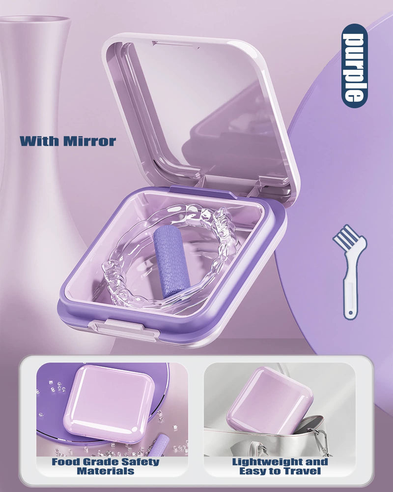 [Australia] - MURRI&MURRDI Retainer Case 2 Pack, Denture Case with Mirror, Denture Bath Box with Strainer Basket, Cute Denture Holder Storage Soak Container for Travel Cleaning, Braces Cleaner Kit (C Purple) C Purple 