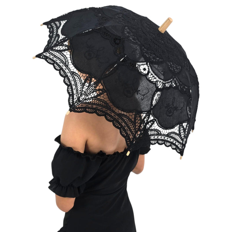 Black Lace Hand Sewn Parasol With Wood Handle