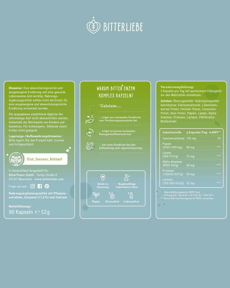 [Australia] - BitterLiebe Bitter Enzym* complex capsules with 5 digestive enzymes - against flatulence - with papain, lactase, alpha-amylase, lipase and protease - monthly pack 1 