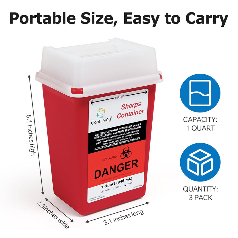 [Australia] - Sharps Container, Sharps Containers for Home Use, 1 Quart (3-Pack), Needle Disposal Containers, Sharps Disposal Container, Small Portable Container for Travel 3 