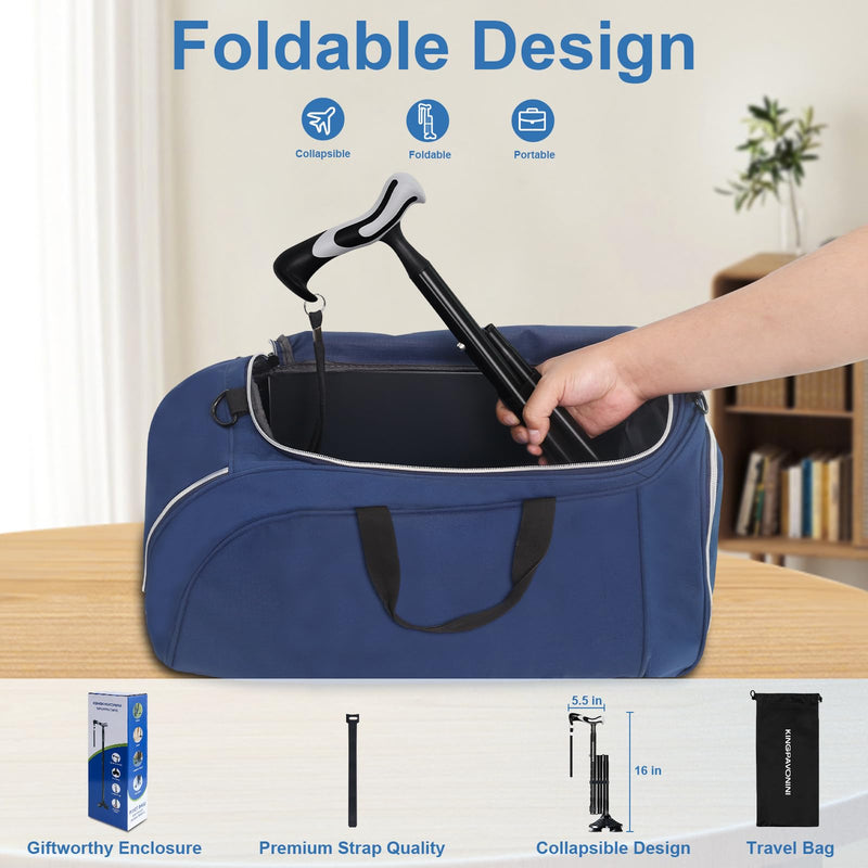 [Australia] - KingPavonini Walking Cane for Men Women Stability, Free Standing Foldable Cane, Ergonomic Handle Pivoting Quad Base, Heavy Duty 350 LBs, Adjustable Walking Canes for Seniors Balance with Travel Bag Black 