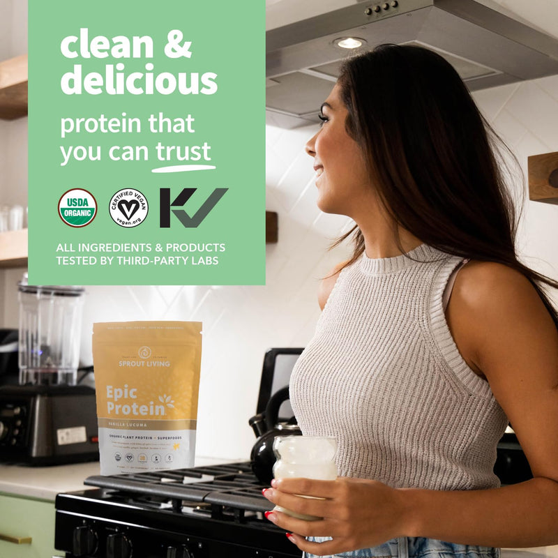[Australia] - Sprout Living Epic Protein, Plant Based Protein & Superfoods Powder, Vanilla Lucuma Powder | 20 Grams Organic Protein Powder, Vegan, Non Dairy, Non-GMO, Gluten Free, Low Sugar (1 Pound, 12 Servings) 1 Pound (Pack of 1) 
