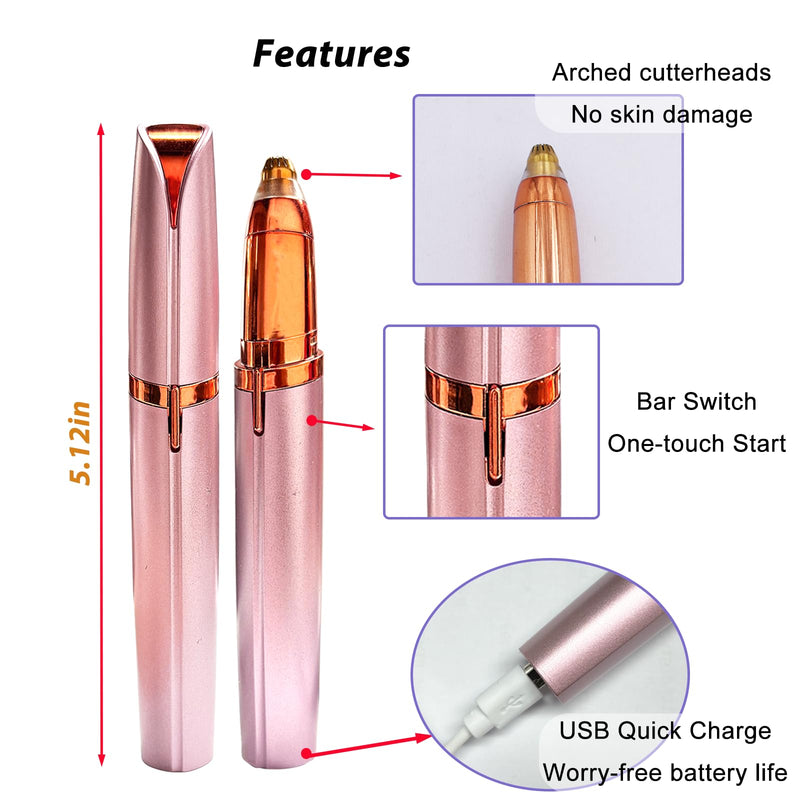 2 Pack USB Rechargeable Portable Electric Eyebrow Trimmer Pen for Women,Painless Precision Eyebrow Hair Remover, Safe Eyebrow Shaver Razor Tool for face Leg Lip Armpit Hand(Rose Gold) Rose Gold
