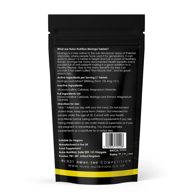 Nuke Nutrition Moringa Tablets 2000mg - 365 Tablets - Pure Moringa Oleifera Supplement Rich in Antioxidants Like Quercetin & Vitamins A, C & B6 - Moringa Leaves Extract - Easy Swallow & Vegan 1 count (Pack of 365)