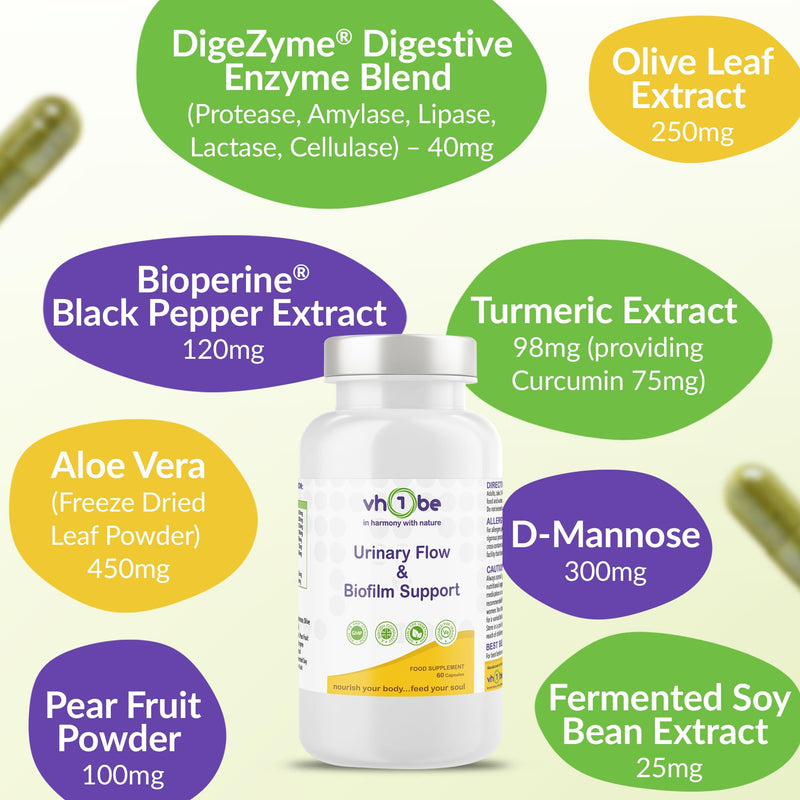 D-Mannose Urinary Tract & Bladder Support Supplement | Biofilm Support Formula with Cranberry, Berberine, Digestive Enzymes & Botanicals | 60 Capsules | vh1be