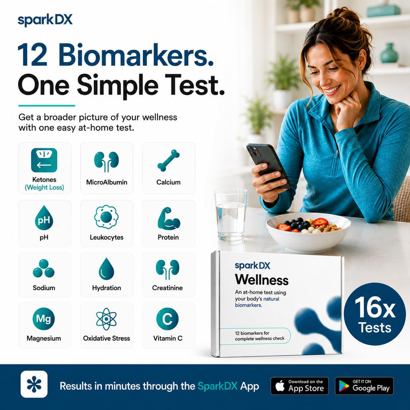 Wellness At-Home Test Kit - 12 biomarkers- 16 Tests-Ketones, Hydration, pH- Urine Test, no Blood, no Mess, Free App, no Labs Wellness Test-16 tests