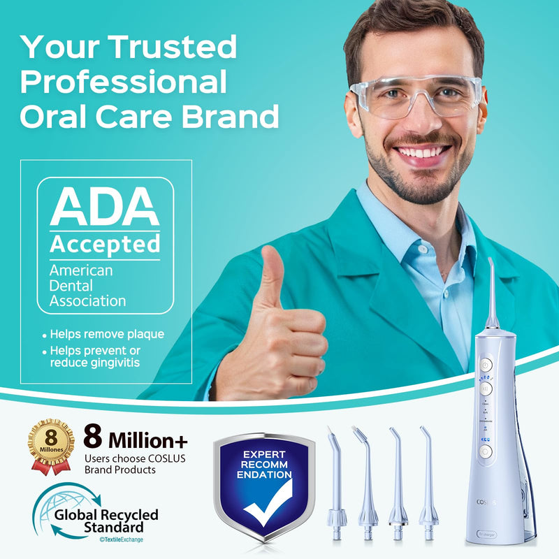 COSLUS ADA Accepted C50 Water Dental Flosser, 4 Modes 5 Intensity Levels | Professional Water Teeth Pick for Braces, Orthodontics & Sensitive Gums, Compact Cordless for Family Home Travel, Blue